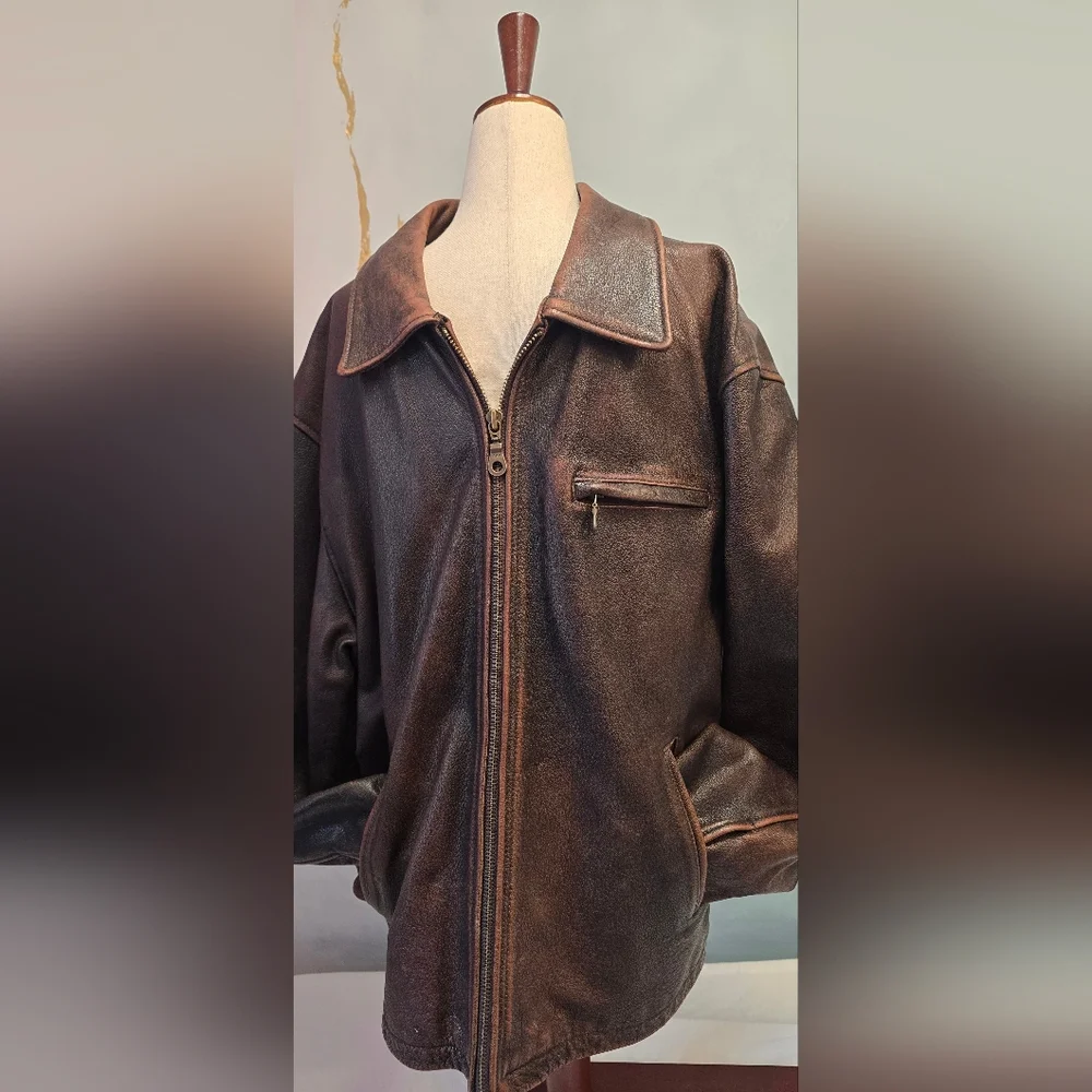 Classic Heavy Brown Leather Motorcycle Zip Jacket - Men's L